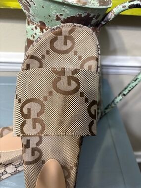 Designer-Inspired Beige Monogram Slide Sandals